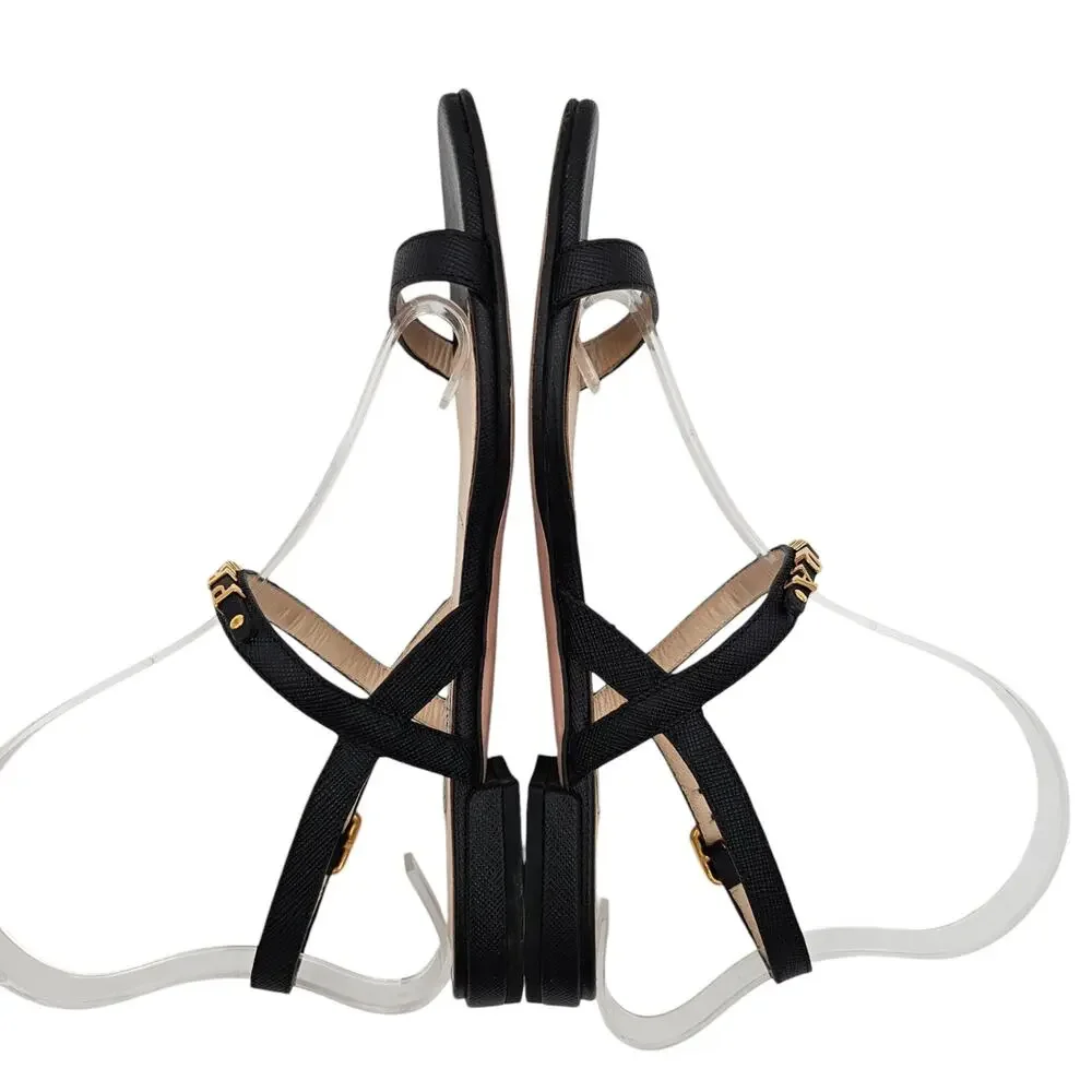 Prada Logo Black Leather Flat Ankle Strap Sandal Gold Buckle Size 36.5 6.5
